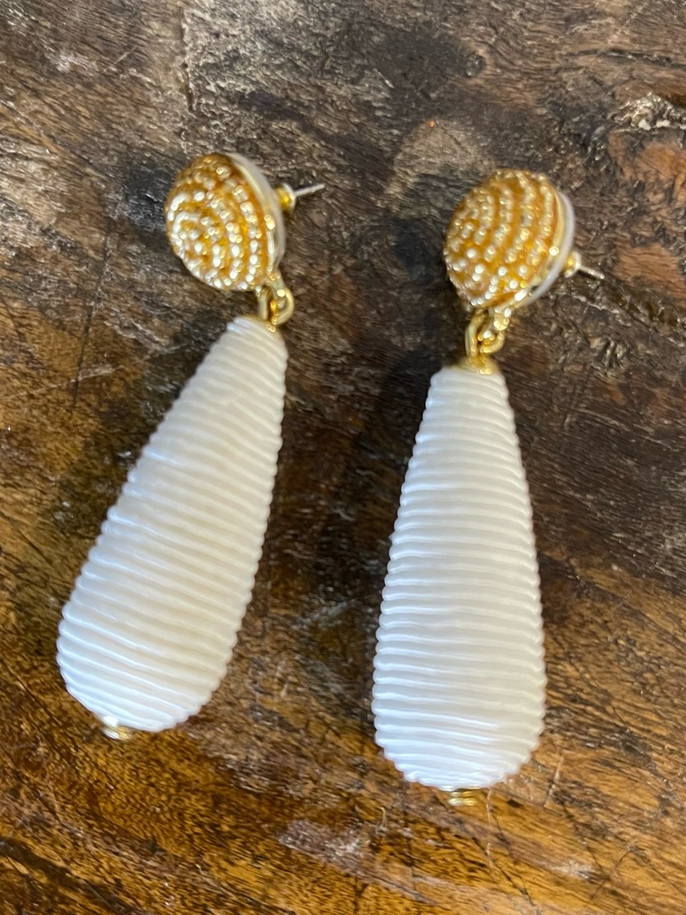 J. Crew Gold & White Teardrop Beaded and Ribbed Earrings